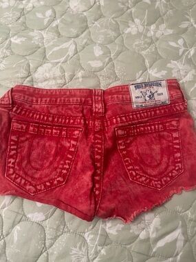 True Religion Bleached Red Denim Cutoff Shorts